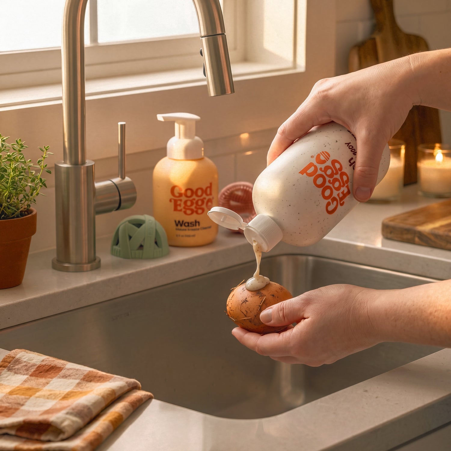 A chicken egg covered in mud and debris being cleaned at a kitchen sink with GoodEgg Heavy Doody Wash