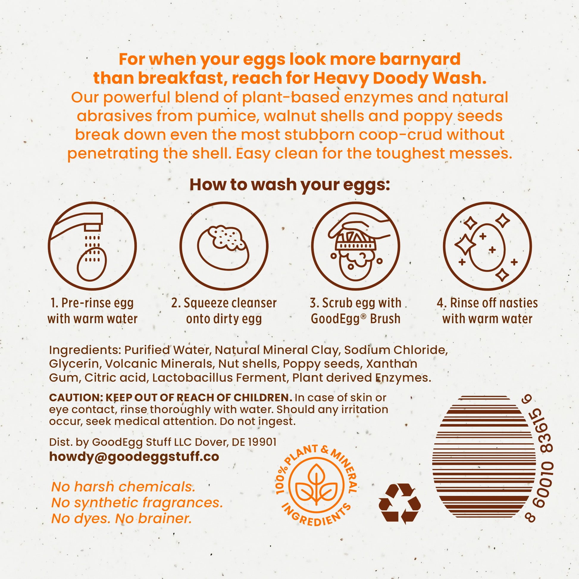 Back label of the heavy doody bottle. Includes instructions for use, ingredients, and product information.