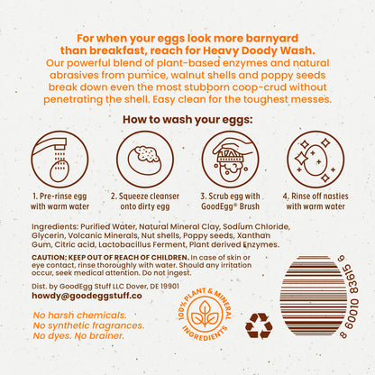 Back label of the heavy doody bottle. Includes instructions for use, ingredients, and product information.