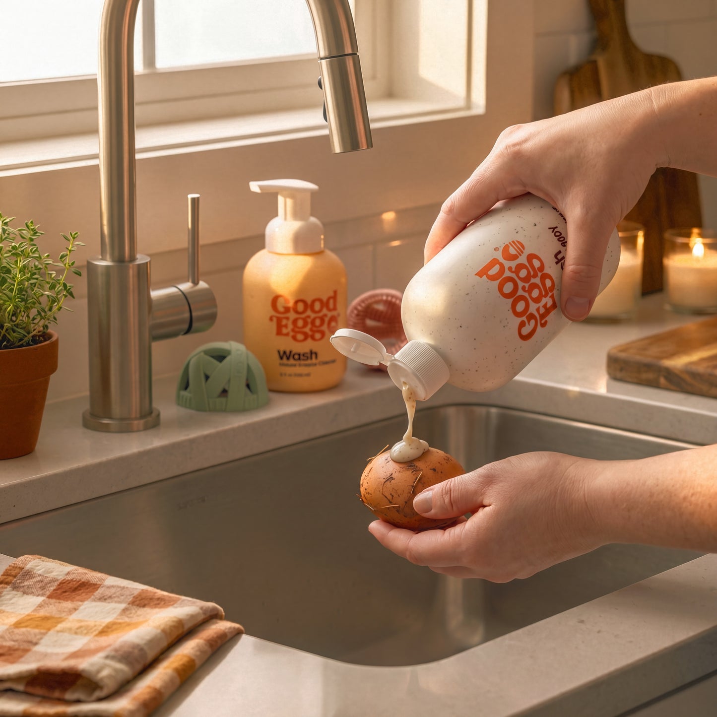 Person using a GoodEgg Heavy Doody wash bottle to clean an egg in a kitchen.